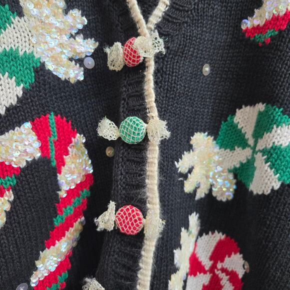Belle Pointe Womens Vtg 90s Christmas Holiday Candy Sequins Cardigan Sweater L - Picture 3 of 11